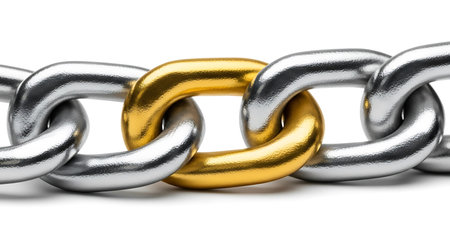 A close-up view of a metal chain with one prominent golden link, highlighting individuality and connection.の素材