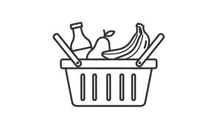A minimalist line drawing depicts a grocery basket overflowing with a bottle, pear, and bananas, symbolizing shopping.の素材