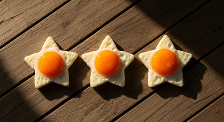 Three star shaped bread sandwiches with a bright orange filling, arranged on a weathered wooden background.の素材