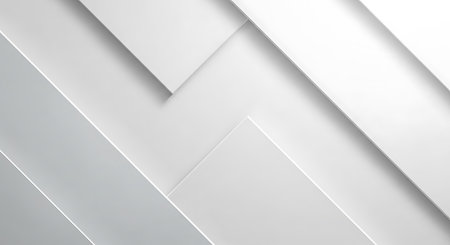 A minimalist, modern abstract design featuring overlapping white and light gray geometric shapes with soft shadows.の素材