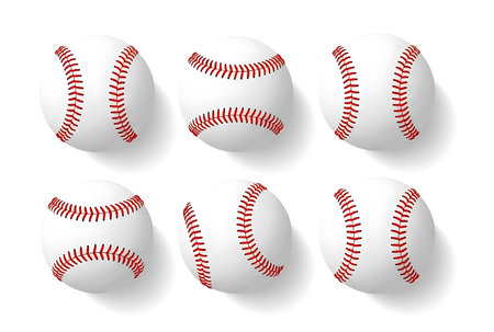 A collection of six baseballs, each showcasing different angles of their iconic red stitching and white leather.の素材