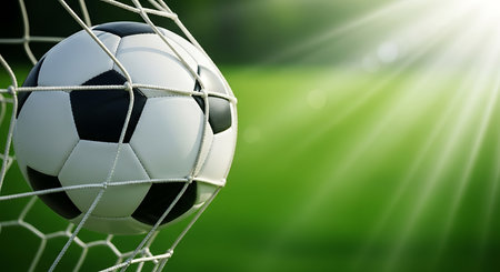 A close-up of a soccer ball caught in a net, with golden sunbeams shining through a blurred green background.の素材