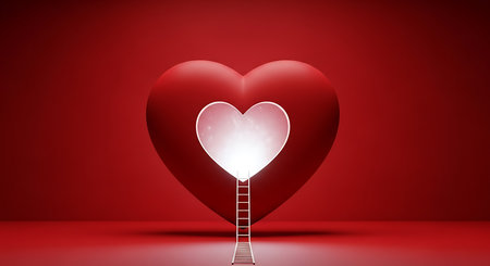 A large red heart with a bright white light shining from its center, a ladder leads upwards into the light.の素材