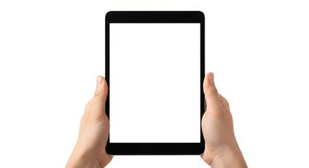 Two hands hold a black smartphone vertically with a bright white screen, isolated on a white background.の素材
