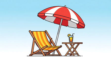 A striped beach umbrella shades a wooden deck chair next to a small table with a tropical drink.の素材