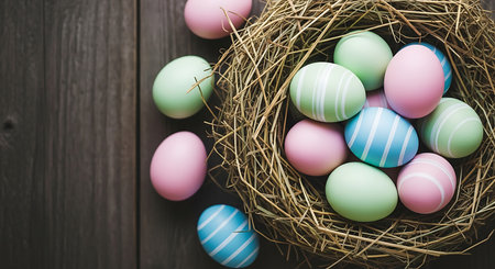 A collection of pastel colored Easter eggs, some with stripes, nestled in a straw bird's nest on dark wood.の素材