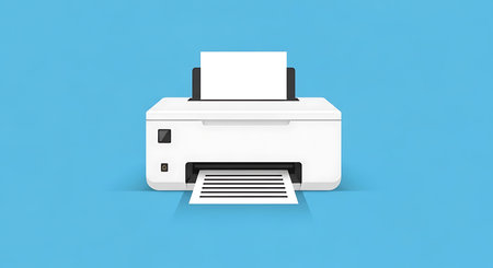 A clean, contemporary white printer is depicted in the center, producing paper sheets against a bright blue backdrop.の素材