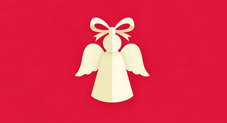 A minimalist, flat design of a white angel ornament with a bow, set against a vibrant red background.の素材