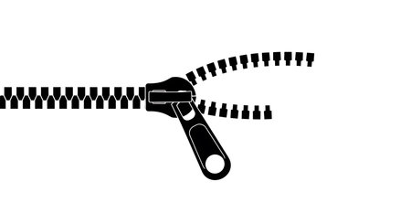 A detailed graphic illustration of a black zipper with its slider in motion, showing teeth separating on a clean white surface.の素材