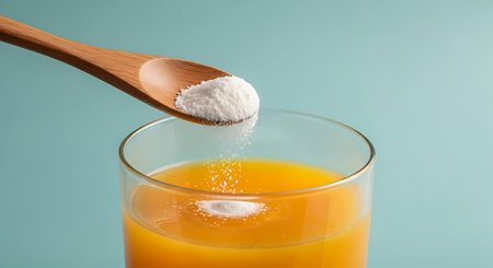 A wooden spoon carefully pours white powder into a glass of vibrant orange juice, suggesting a health supplement.の素材