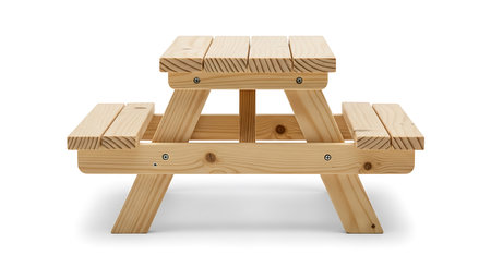 A miniature wooden picnic table with integrated benches, perfect for outdoor play and small gatherings.の素材