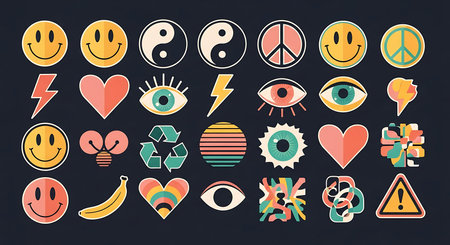 A colorful assortment of retro inspired graphic elements including smiley faces hearts peace signs and eyes.の素材