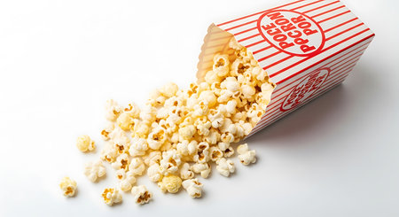 A classic red and white striped popcorn box is tipped over, spilling fluffy popcorn onto a white surface.の素材