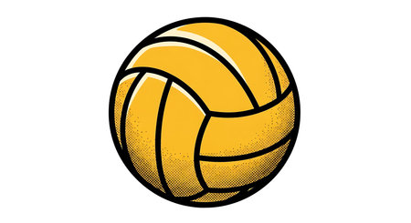 A vintage style, hand-drawn illustration of a bright yellow water polo ball with textured lines and shading.の素材