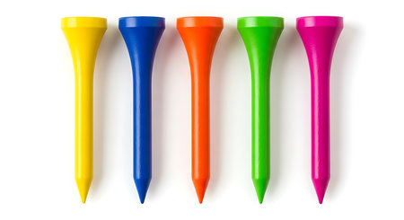 Five vibrant plastic golf tees are arranged in a row, showcasing their bright colors against a clean white backdrop.の素材