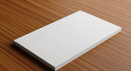 A clean, unadorned white book lies on a textured wooden table, casting a subtle shadow.の素材