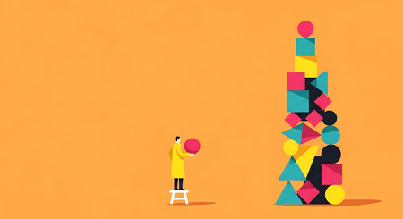 A small figure holds a ball, looking up at a towering structure made of vibrant geometric shapes.の素材