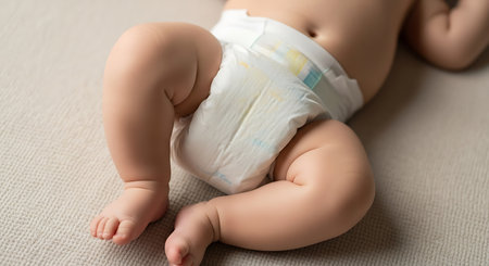 A soft focus image captures the delicate legs and diaper of a sleeping infant, highlighting their innocence and newness.の素材