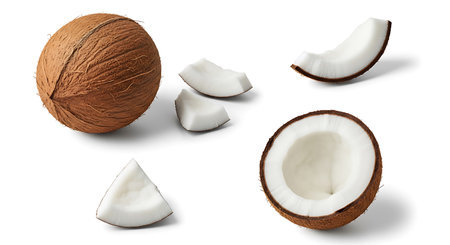 A whole coconut, a halved coconut, and several pieces of its white flesh are artfully arranged on a clean white surface.の素材
