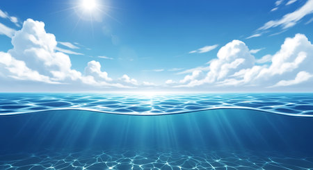 A split view shows the sparkling blue ocean surface and the sunlit underwater world with light rays penetrating deep.の素材