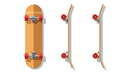 Three wooden skateboards, one front view and two side views, are presented against a clean white backdrop.の素材