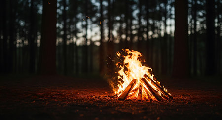 A bright and lively campfire burns in a clearing surrounded by tall, dark trees as twilight settles.の素材