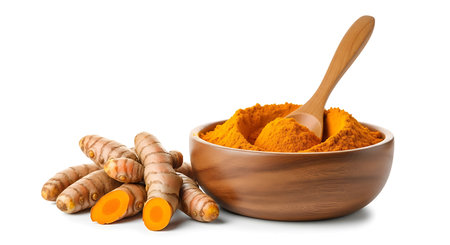 Fresh turmeric rhizomes and bright orange powder sit in a rustic wooden bowl with a spoon, isolated on white.の素材