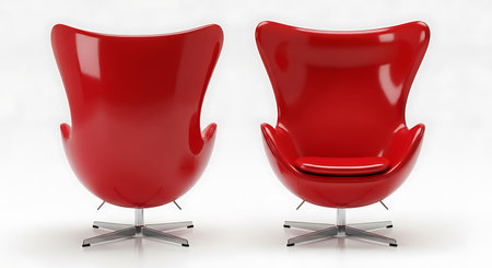 A pair of striking red egg chairs, showcasing their iconic design and comfortable seating, set against a clean white backdrop.の素材