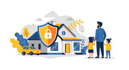 A father and two children stand near their home, which is protected by a large shield symbolizing security and safety.の素材