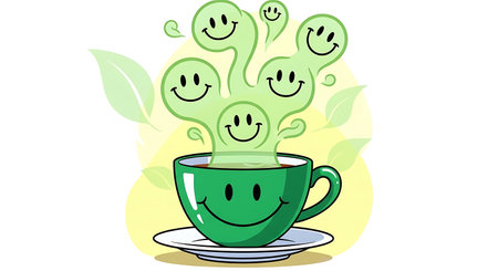 This whimsical illustration features a green teacup adorned with a smiley face. It's overflowing with cheerful, smiling steam, symbolizing the pure joy and uplifting refreshment derived from a warm beの素材
