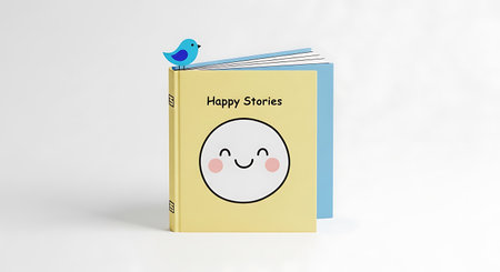 A cheerful yellow children's book titled 'Happy Stories', featuring a round, smiling face with rosy cheeks on its cover and a small blue bird perched atop, suggesting delightful tales.の素材