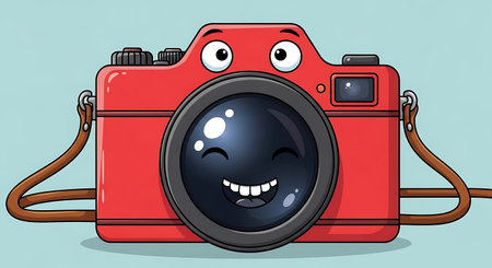 This image features a whimsical, anthropomorphic red camera with large, expressive eyes and a wide, toothy grin, exuding a sense of fun and creativity.の素材