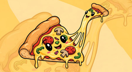 This whimsical illustration features a slice of pizza transformed into a charming character, complete with stretchy cheese, pepperoni, and a long, playful neck. Ideal for food-related content.の素材