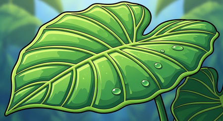 A close-up illustration of a large, lush green leaf, detailed with prominent veins and glistening water droplets. The vibrant color and texture highlight the intricate beauty of the natural world.の素材