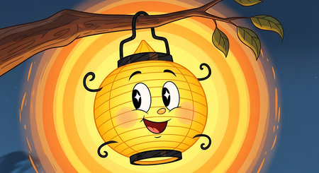 A delightful cartoon depicts a bright yellow paper lantern, adorned with a happy face, suspended from a tree branch against a warm, radiant glow, evoking a festive and cheerful atmosphere.の素材