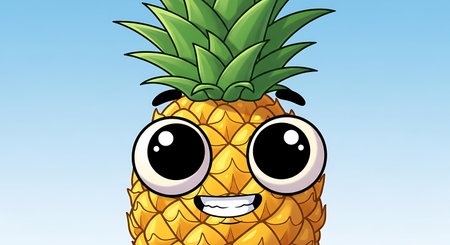 A vibrant and cheerful cartoon pineapple character with large, expressive eyes and a wide smile, set against a clear blue sky, embodying summer fun and tropical delight.の素材