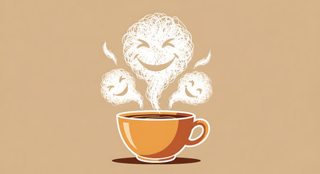 A delightful and imaginative scene featuring a warm cup of coffee, from which cheerful, spectral figures emerge, their smiling faces adding a touch of playful magic to the comforting beverage.の素材