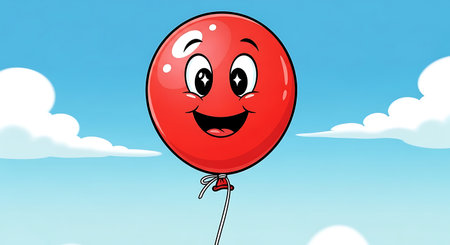 A cheerful cartoon red balloon with big eyes and a wide smile is depicted against a backdrop of blue sky and fluffy white clouds, conveying a sense of joy and freedom.の素材