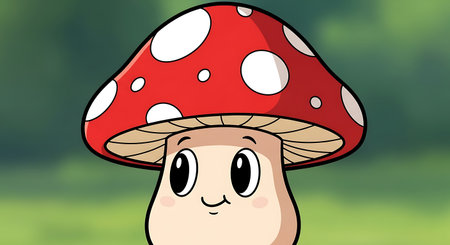 A delightful cartoon mushroom character, featuring a vibrant red cap dotted with white spots and a sweet, smiling face, nestled in a softly focused green natural setting.の素材