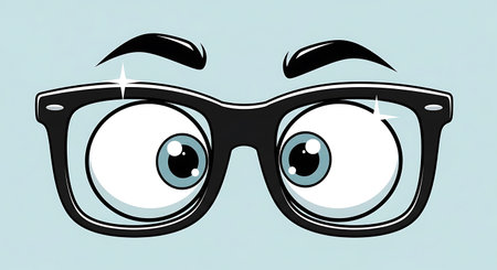 A whimsical cartoon depiction of a pair of black-rimmed glasses, showcasing wide, surprised blue eyes with sparkling highlights, set against a plain light blue backdrop.の素材