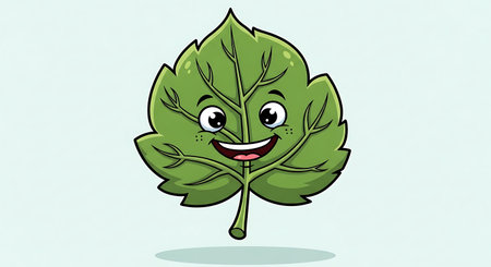 This image showcases a charming cartoon illustration of a single green leaf. The leaf has a distinct shape with prominent veins, a small stem, and a very happy, smiling face with large, friendly eyes.の素材