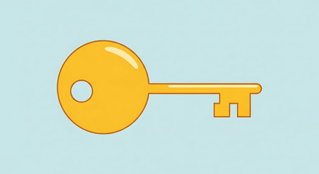 A solitary, gleaming golden key with a circular head and a standard bit is presented against a soft, light blue background, symbolizing access and solutions.の素材