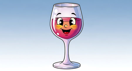 A charming cartoon wine glass, filled with rich red wine, beams with a happy, smiling face. Its rosy cheeks and wide eyes add a touch of playful personality to this delightful depiction.の素材