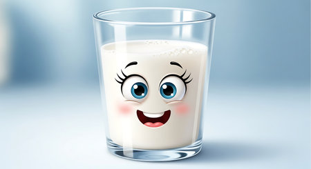 A close-up shot showcases a clear glass filled with creamy white milk, featuring a whimsical cartoon face with large, expressive blue eyes and a wide, joyful smile, radiating happiness and health.の素材