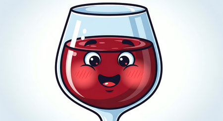 This charming cartoon features a glass filled with rich red wine, animated with a joyful smiling face and blushing rosy cheeks. The characterful depiction brings a sense of fun and happiness to the beの素材