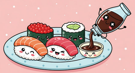 A charming and whimsical illustration of various sushi pieces, including salmon nigiri, tuna nigiri, salmon roe gunkanmaki, and kappa maki, presented on a blue plate with a smiling soy sauce bottle arの素材