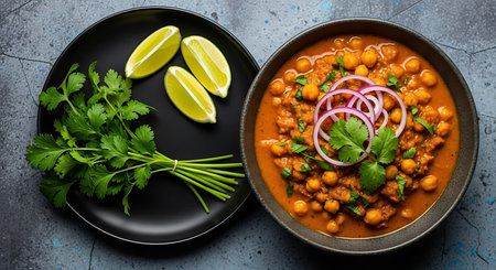 A vibrant bowl of chana masala served with fresh cilantro and lime wedges, a popular Indian dish.の素材