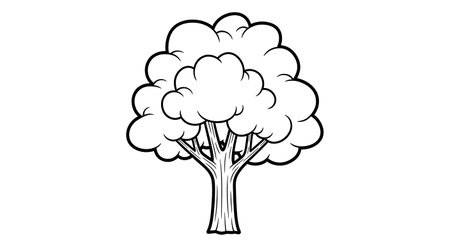 A delightful black and white line drawing of a tree, featuring a sturdy trunk and a full, rounded canopy of leaves, ideal for various design and educational purposes.の素材