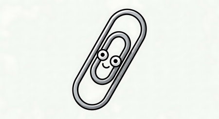 This charming illustration features a smiling paperclip character, rendered in a simple cartoon style. It's an ideal graphic for representing office supplies or organization.の素材