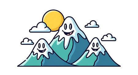 A cheerful group of cartoon mountains with snowy peaks and smiling faces, basking under a bright yellow sun amidst fluffy white clouds, creating a whimsical and inviting natural scene.の素材